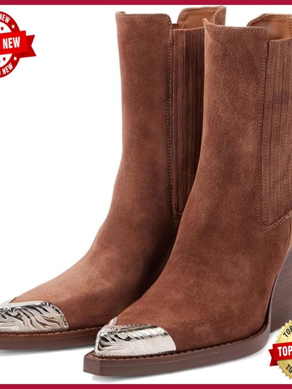 Suede Western Cowboy Ankle Boots Pointed Toe Block Heel Slip On Cowgirl Booties - Picture 1 of 7